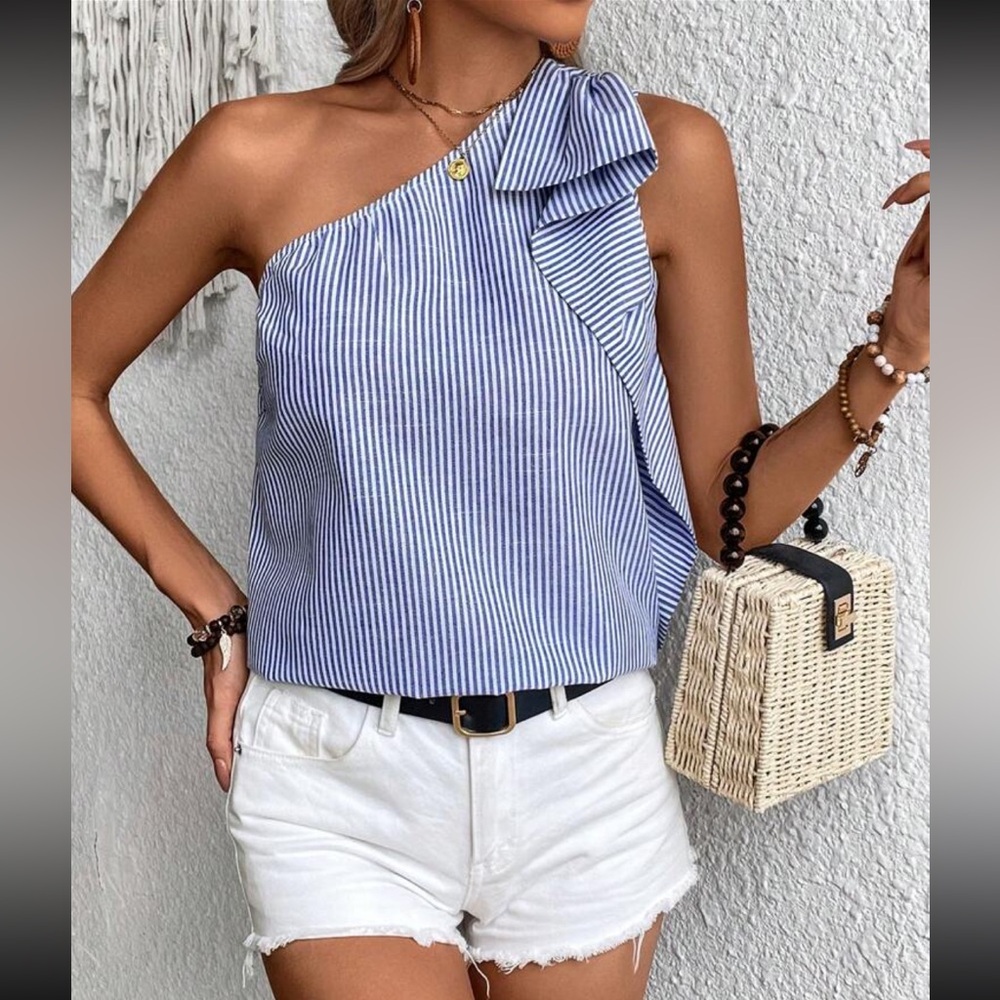 Classic Stripe Print One Shoulder Top Blouse Shirt Blue White - Picture 1 of 4